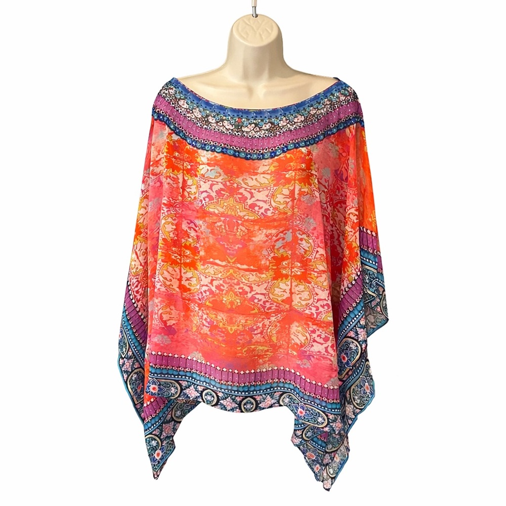 Charlie Paige Beaded Boho Poncho Cover Up Top One Size Sheer Resort Beach